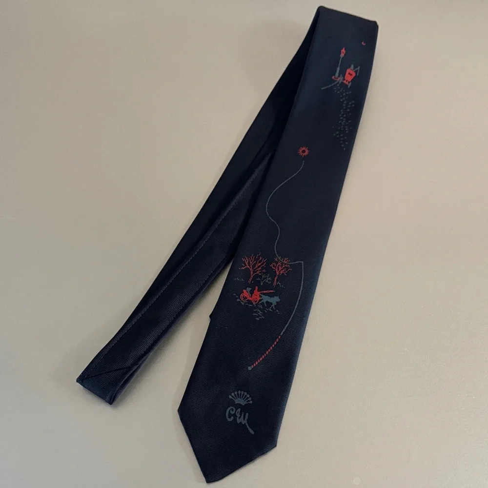 Vintage “Horse and Carriage” Navy Silk Tie with Red Tree and Light Blue Accent